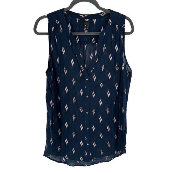 Paige Sleeveless Blouse Button Blue Diamond Print V-Neck Bohemian Summer Vacay M - Picture 1 of 7